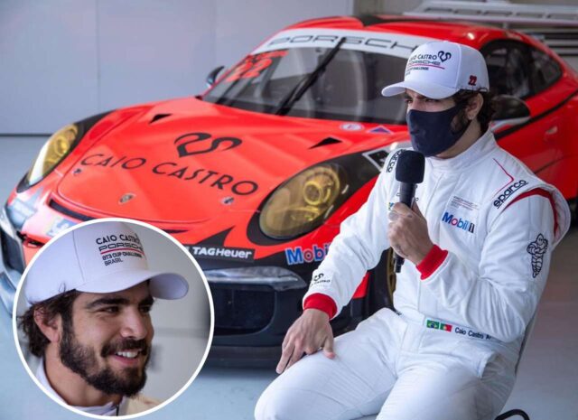 uma foto do ator caio castro junto de um porsche