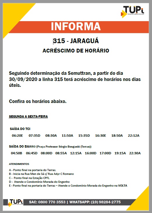 TUPi anuncia acréscimos de horários em mais linha de Piracicaba e retorno da Bessy; confira TUPi anuncia acréscimos de horários em mais linha de Piracicaba e retorno da Bessy; confira