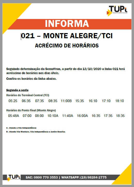 TUPi anuncia acréscimo de horários em linha que atende a região do Monte Alegre