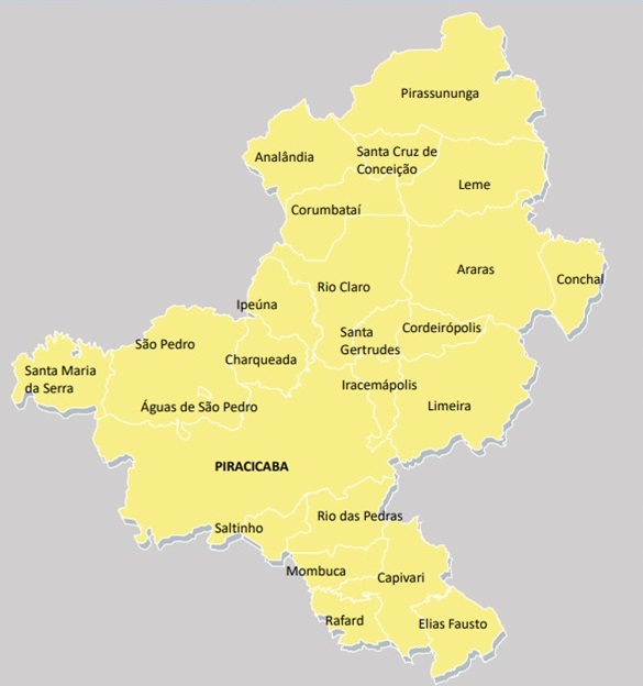 Mapa da Região Metropolitana de Piracicaba; metrópole e todas as 24