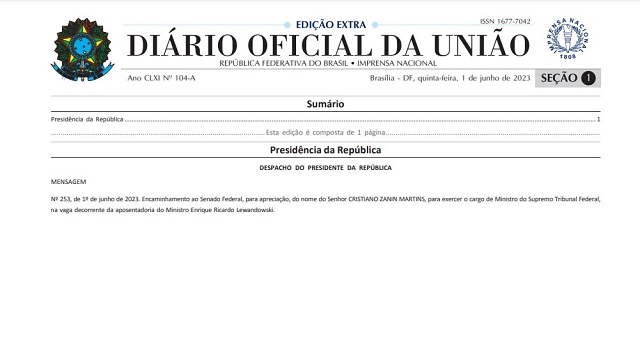 Governo Federal publica edição extra do Diário Oficial com indicação de piracicabano ao STF