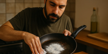 Farinha na frigideira suja o truque que puxa a gordura velha