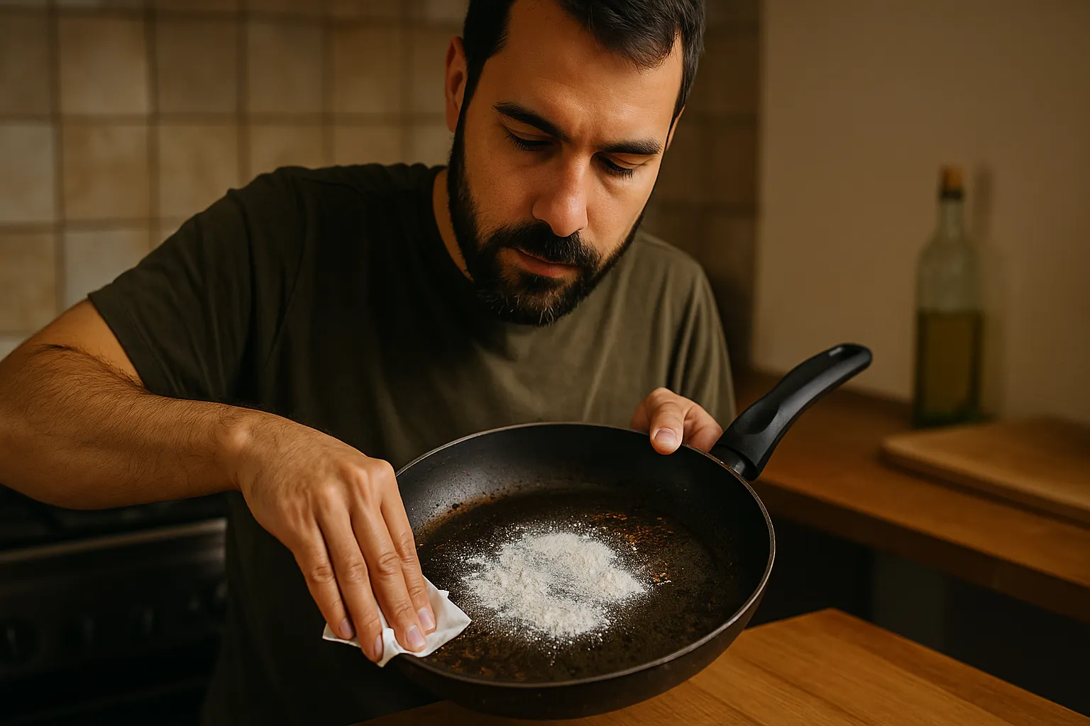 Farinha na frigideira suja: o truque que puxa a gordura velha