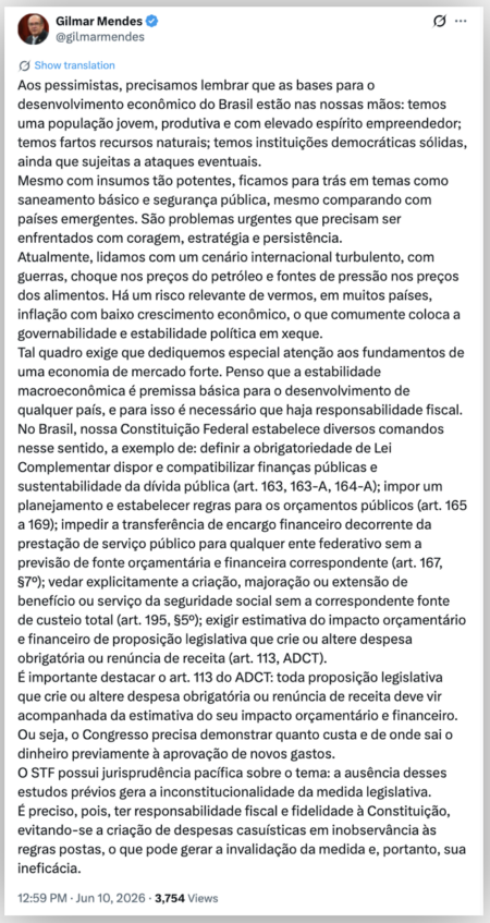 Gilmar critica gastos do Congresso e eleva pressão fiscal