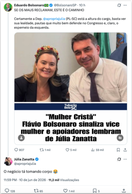 Eduardo Bolsonaro defende Júlia Zanatta para vice de Flávio