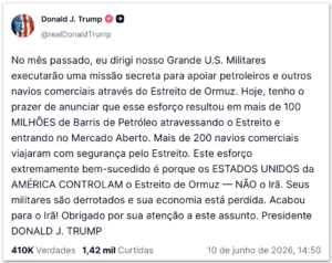 Trump diz que missão dos EUA libera petróleo por Ormuz