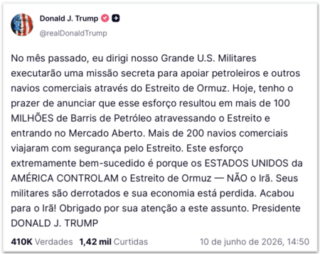 Trump diz que missão dos EUA libera petróleo por Ormuz
