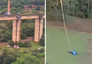 Criança sofreu acidente três meses antes com a mesma equipe que arremessou mulher sem corda de ponte