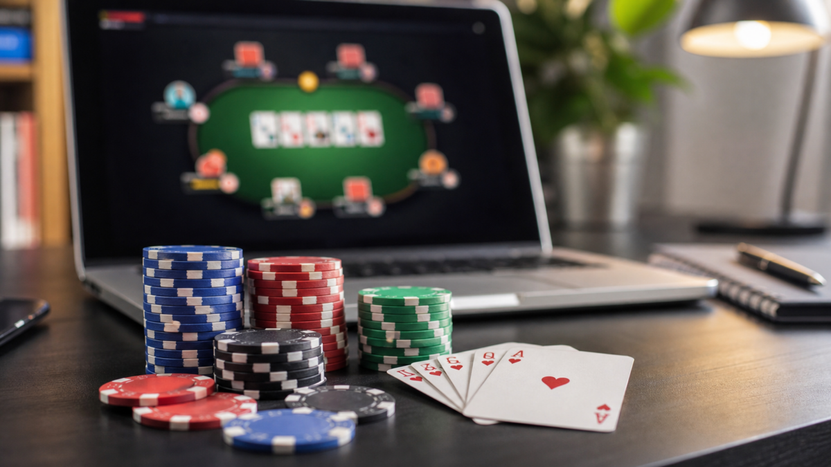 Fichas e cartas de poker diante de uma mesa virtual online