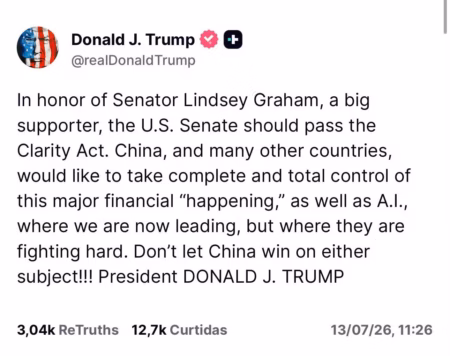 Trump pressiona Senado dos EUA a aprovar Clarity Act após morte de Graham